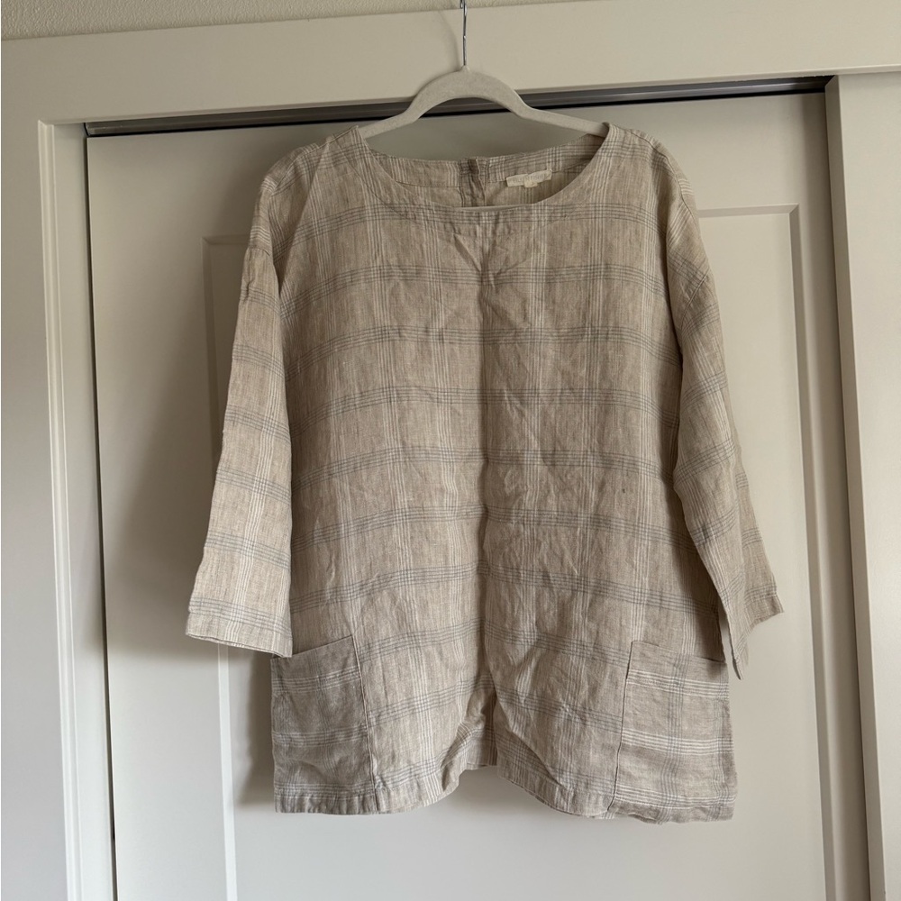 Eileen Fisher Boxy Tan Cream linen oversized  Blouse top with 3/4 Sleeves